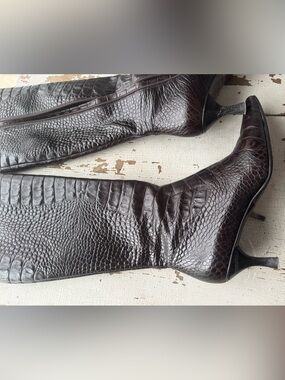 Hugo Boss Dark Brown Croc-Embossed Over-the-Knee Boots